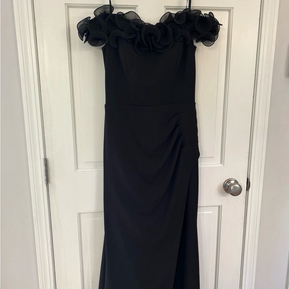 Xscape Shelley Off-the-Shoulder Chiffon Scallop Neck Dress